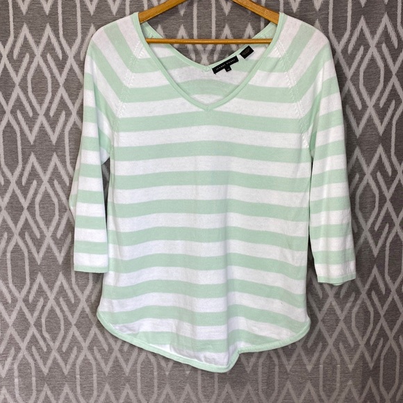Jeanne Pierre Sweater 100% Cotton V-Neck Teal & White Chevron 3/4 Sleeves Medium - Picture 1 of 4